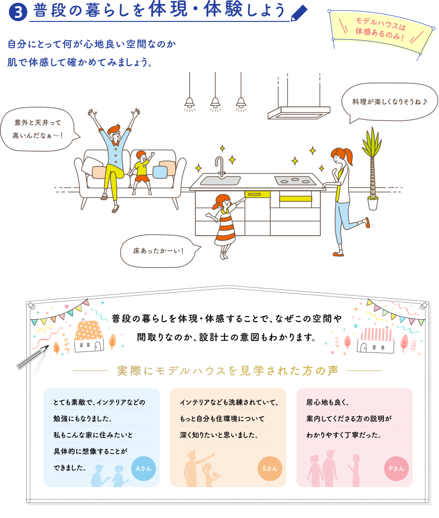 ?普段の暮らしを体現・体験しよう 自分にとって何が心地良い空間なのか肌で体感して確かめてみましょう。普段の暮らしを体現・体感することで、なぜこの空間や間取りなのか、設計士の意図もわかります。実際にモデルハウスを見学された方の声 とても素敵で、インテリアなどの勉強にもなりました。私もこんな家に住みたいと具体的に想像することができました。Aさん インテリアなども洗練されていて、もっと自分も住環境について深く知りたいと思いました。Sさん 居心地も良く、案内してくださる方の説明がわかりやすく丁寧だった。Pさん