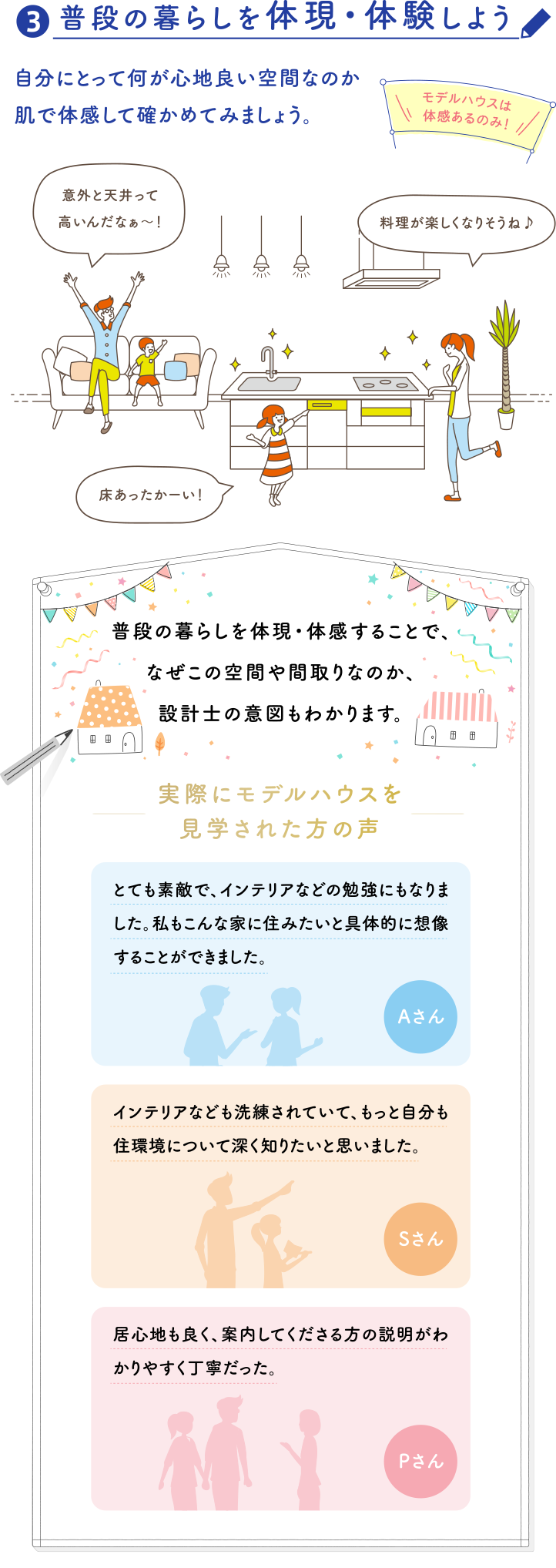 ?普段の暮らしを体現・体験しよう 自分にとって何が心地良い空間なのか肌で体感して確かめてみましょう。普段の暮らしを体現・体感することで、なぜこの空間や間取りなのか、設計士の意図もわかります。実際にモデルハウスを見学された方の声 とても素敵で、インテリアなどの勉強にもなりました。私もこんな家に住みたいと具体的に想像することができました。Aさん インテリアなども洗練されていて、もっと自分も住環境について深く知りたいと思いました。Sさん 居心地も良く、案内してくださる方の説明がわかりやすく丁寧だった。Pさん