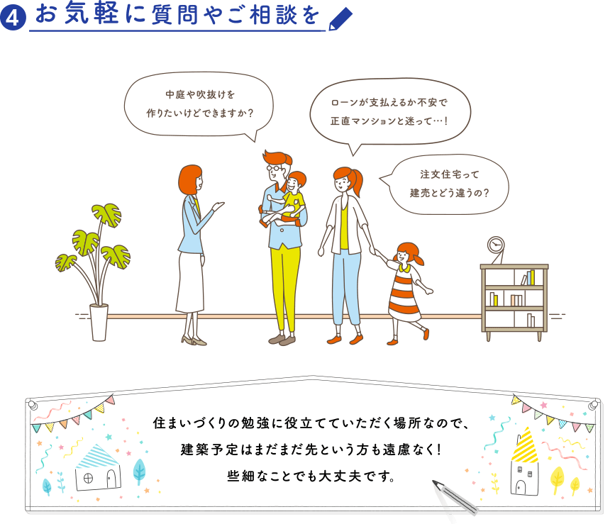 ?お気軽に質問やご相談を 住まいづくりの勉強に役立てていただく場所なので、建築予定はまだまだ先という方も遠慮なく！些細なことでも大丈夫です。