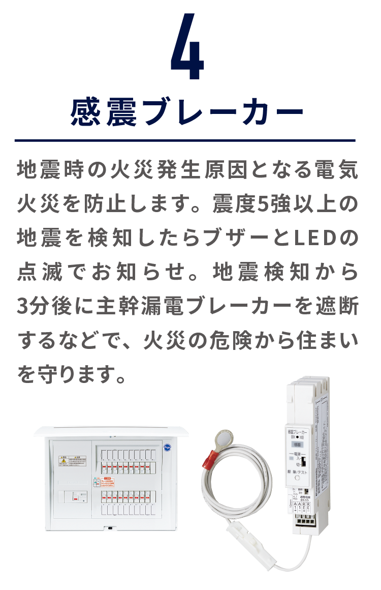 4.感震ブレーカー 地震時の火災発生原因となる電気火災を防止します。震度5強以上の地震を検知したらブザーとLEDの点滅でお知らせ。地震検知から3分後に主幹漏電ブレーカーを遮断するなどで、火災の危険から住まいを守ります。