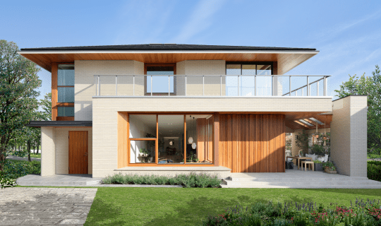 木の表情にマッチする総タイルの外壁と１.４mの軒出