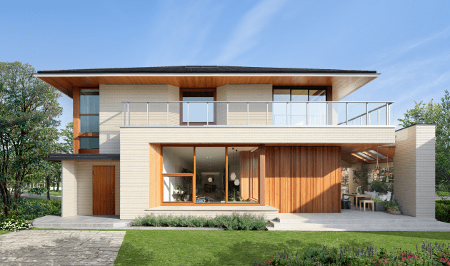 木の表情にマッチする総タイルの外壁と１.４mの軒出