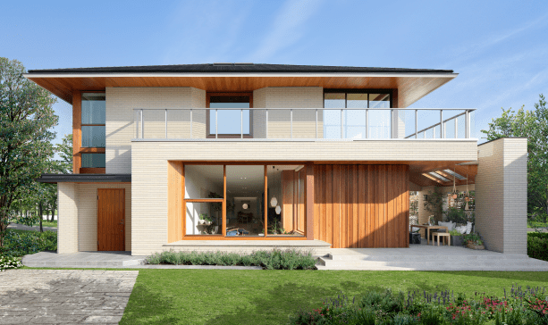 木の表情にマッチする総タイルの外壁と１.４mの軒出