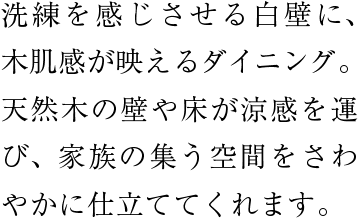 洗練を感じさせる白壁に、木肌感が映えるダイニング。