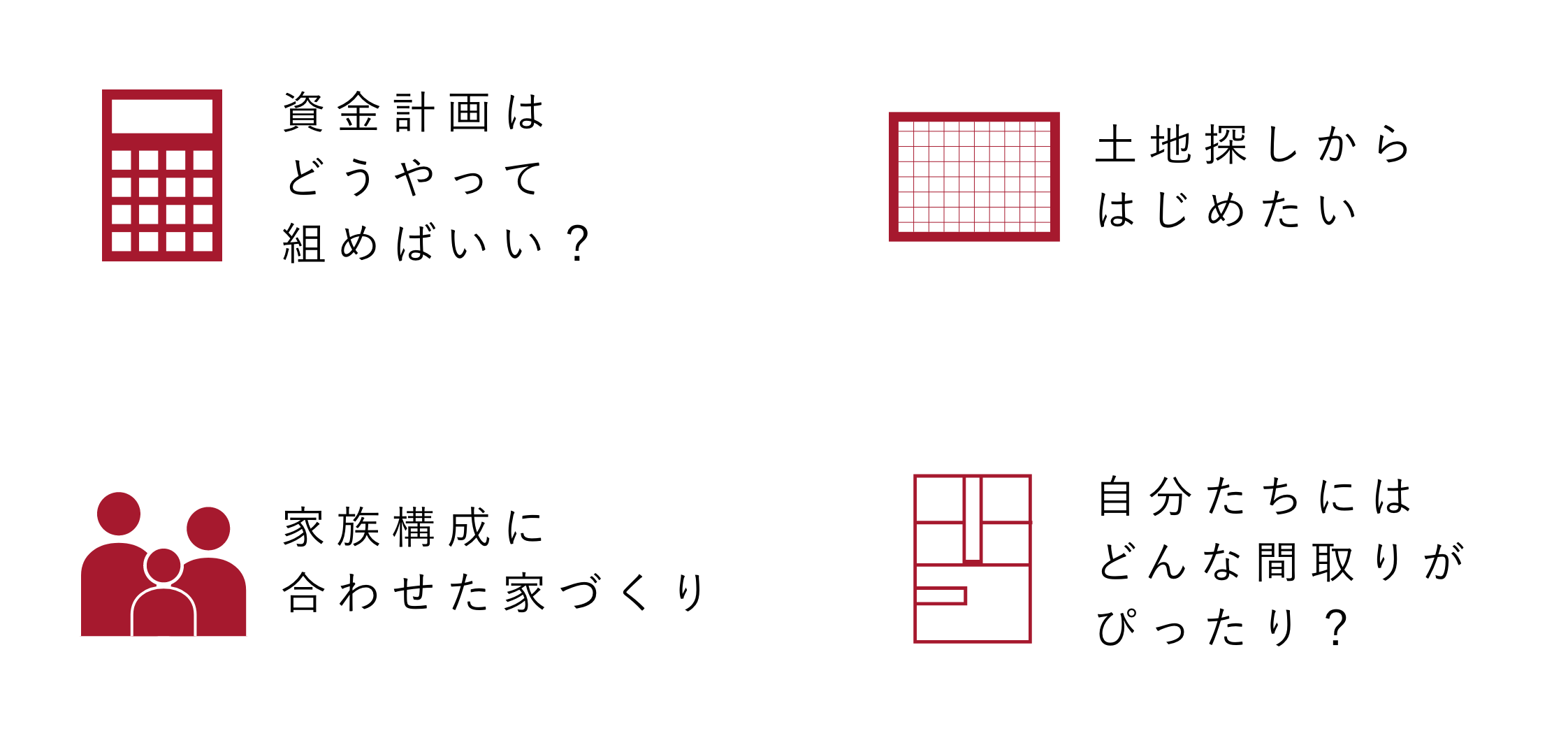 資金計画はどうやって組みばいい？　土地探しからはじめたい　家族構成に合わせた家づくり　自分達にはどんな間取りがぴったり？