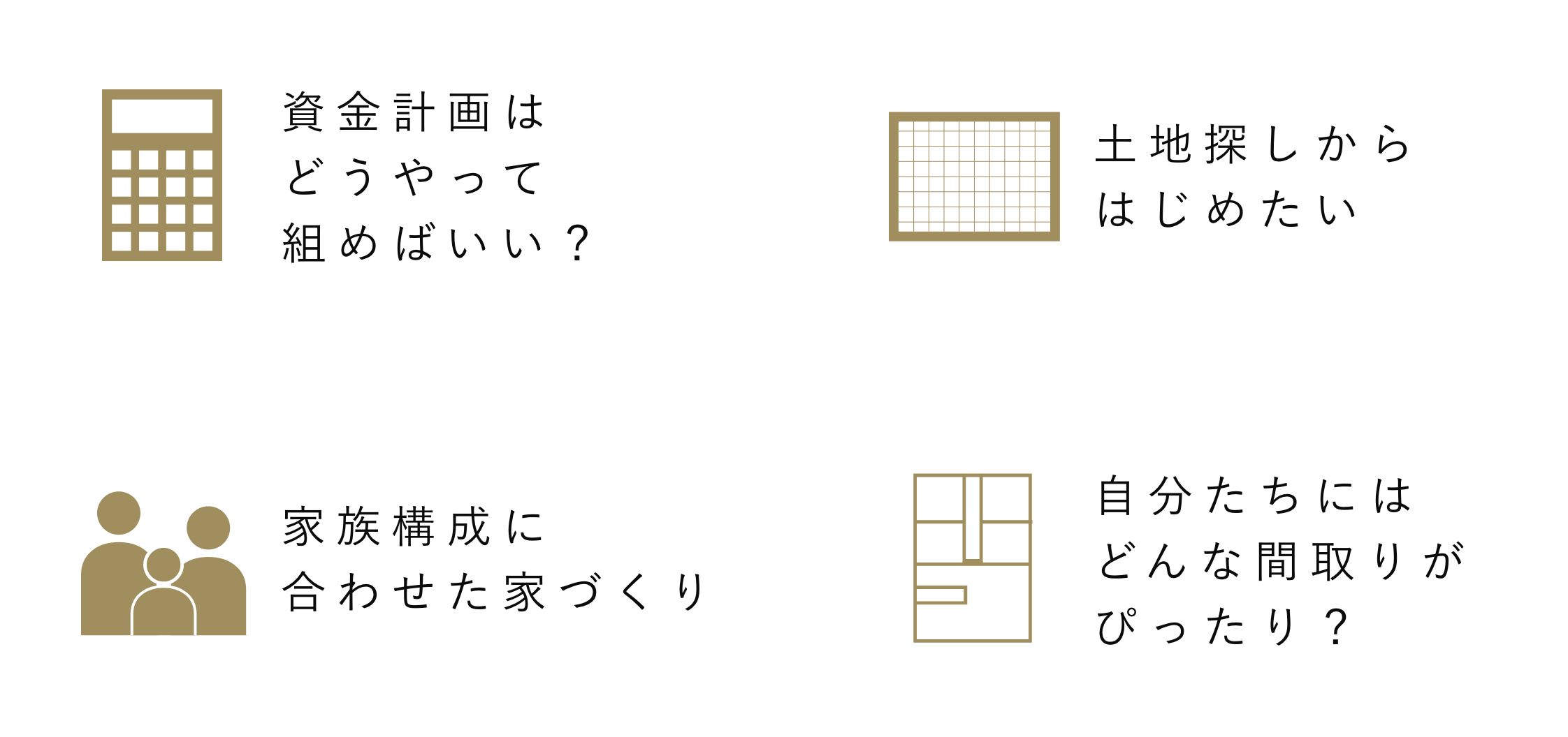 資金計画はどうやって組みばいい？　土地探しからはじめたい　家族構成に合わせた家づくり　自分達にはどんな間取りがぴったり？