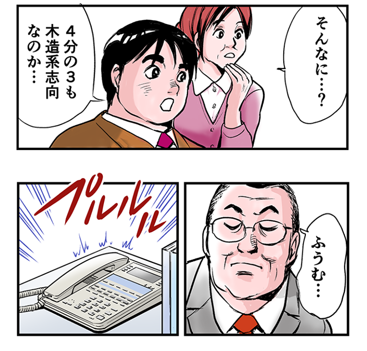 和歌子「そんなに…？」昇平「4分の3も木造系志向なのか…」一哉「ふうむ…」電話のなる音。