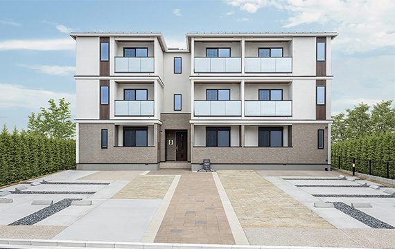 建築地：愛知県名古屋市／階数：3階建て（木造枠組み壁工法）／延床面積：555.28㎡／建物用途：賃貸マンション
