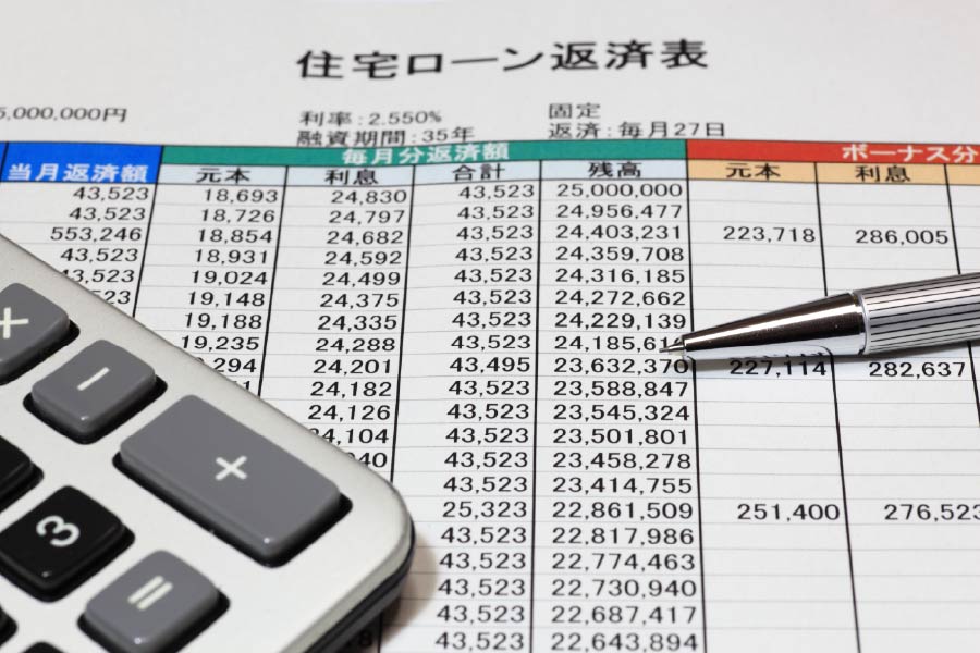 住宅ローン返済表と電卓、ペン