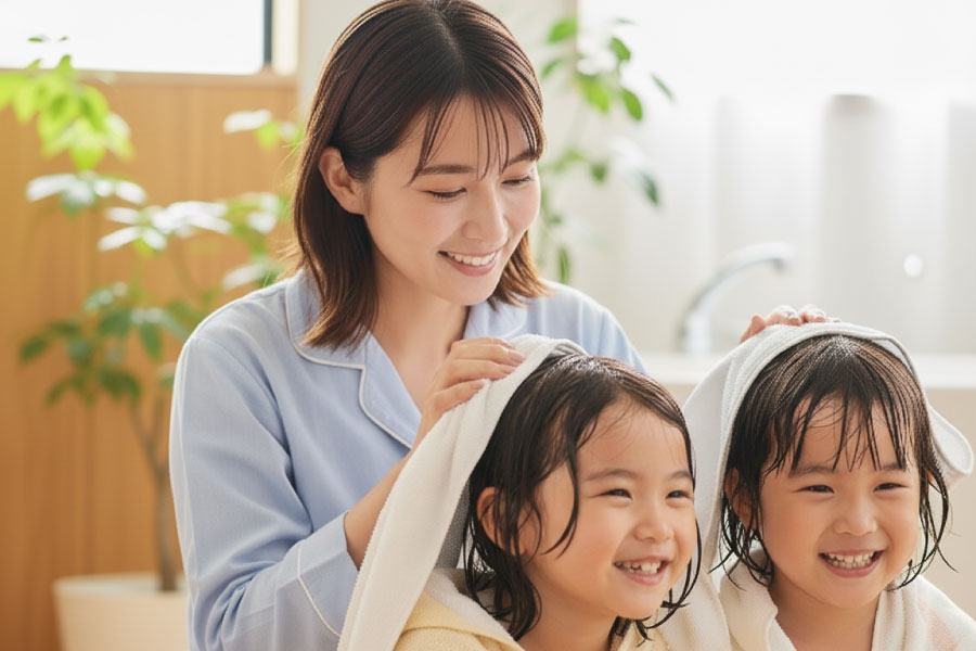 子ども２人の頭をタオルで拭く女性