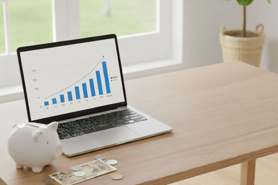ランニングコストのグラフが書かれたパソコンと貯金箱