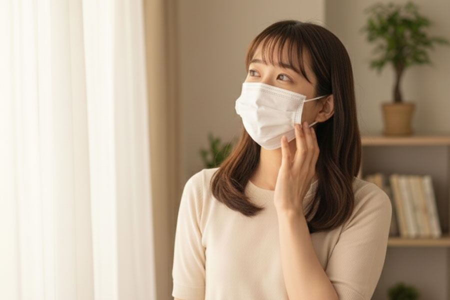 悩んでいるマスクをした女性