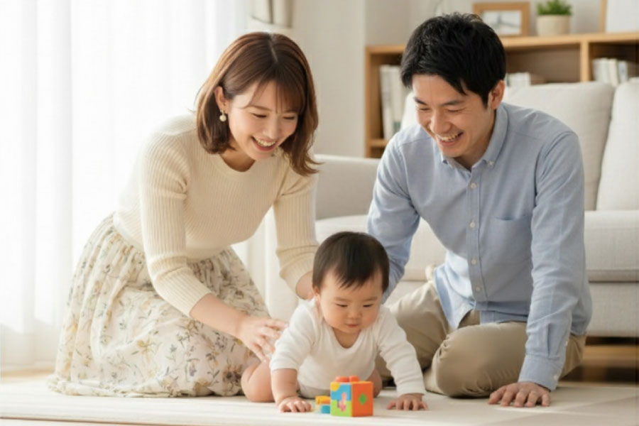 夫婦と赤ちゃんがリビングで遊んでいる