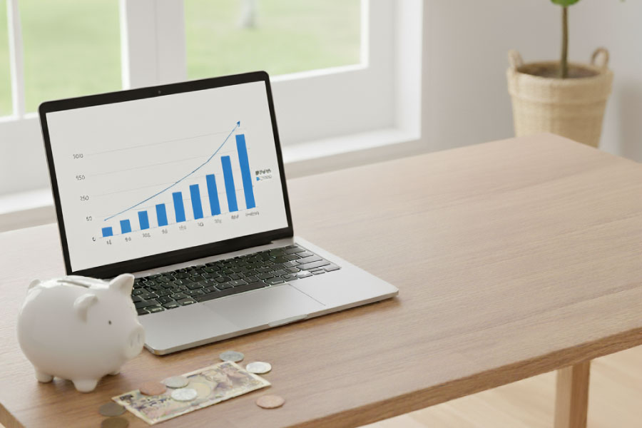 ランニングコストのグラフが書かれたパソコンと貯金箱